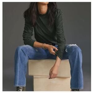 Anthropologie Maeve Ruched Long Sleeve Top Womens L Dark Green Layering Minimal